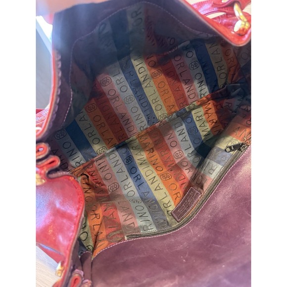 Marino Orlandi Red Embossed Leather Shoulder Bag Floral Tooled Gold Hardware - Picture 12 of 14